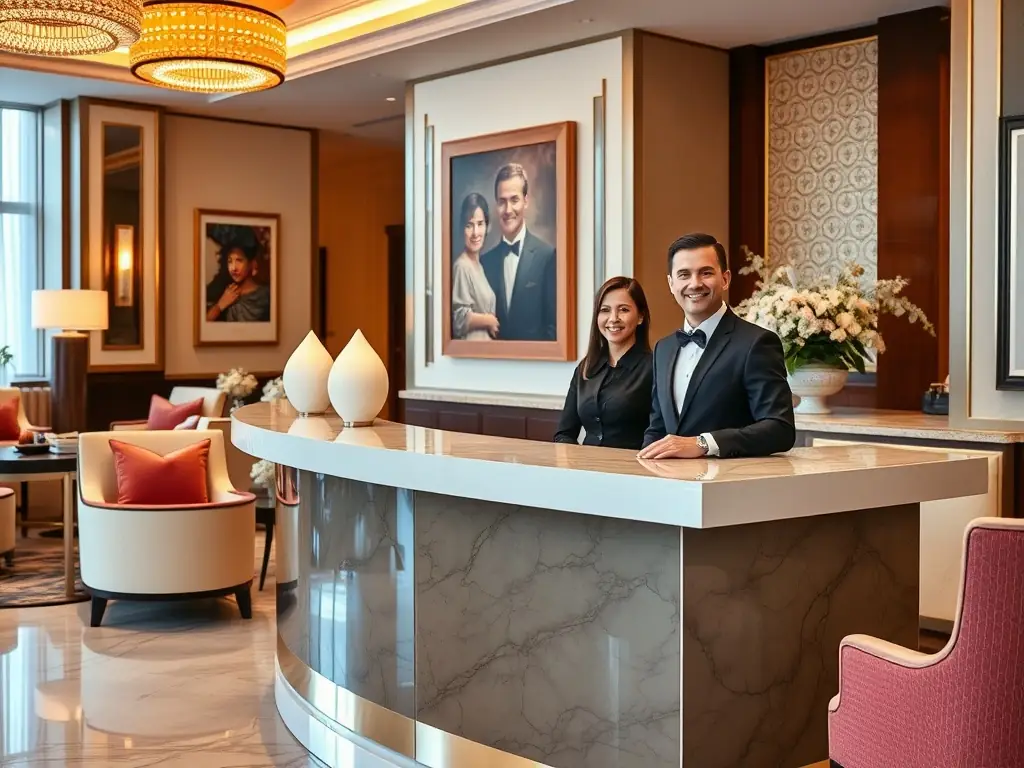 A welcoming hotel lobby with a host assisting guests, symbolizing Rojasor Enterprises Ltd.'s hospitality excellence.