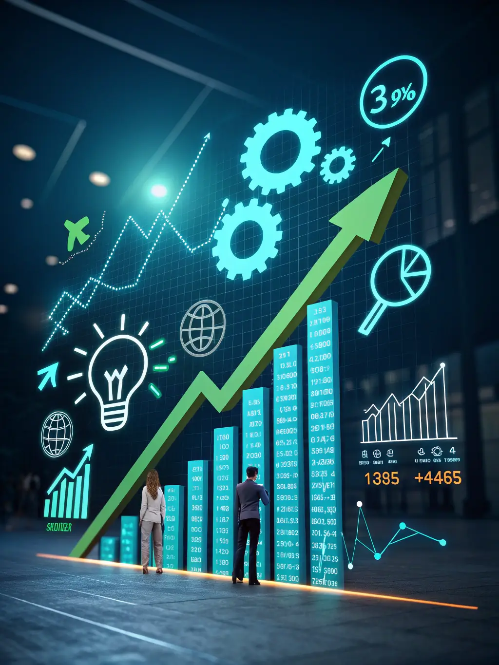 A sophisticated graph illustrating strategic planning, with arrows indicating growth and interconnected nodes representing key business elements, set against a backdrop of Cyprus's coastline.
