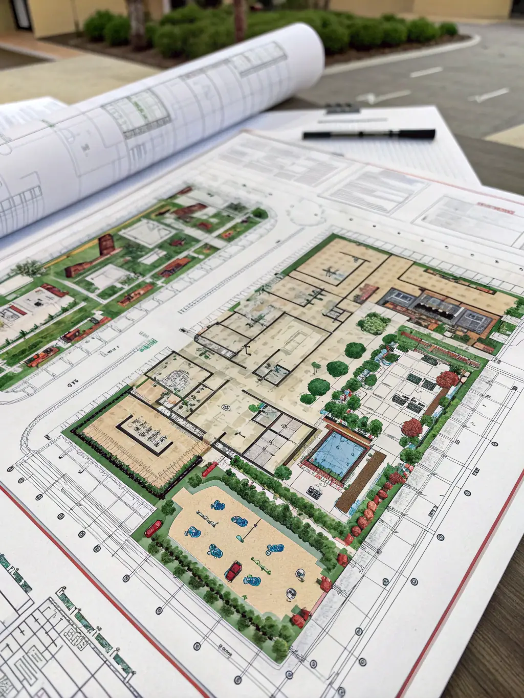 A blueprint overlaid on a modern building's architectural design, symbolizing structured planning and efficient execution in real estate development.