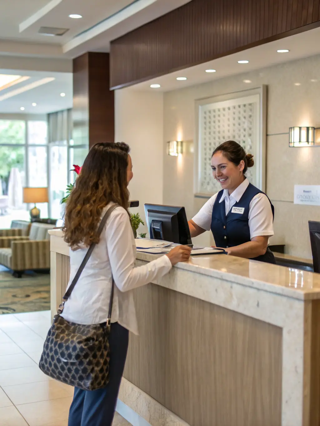A brightly lit, modern hotel lobby with guests checking in, showcasing efficient operations and a welcoming atmosphere, emphasizing the benefits of Rojasor's consulting.