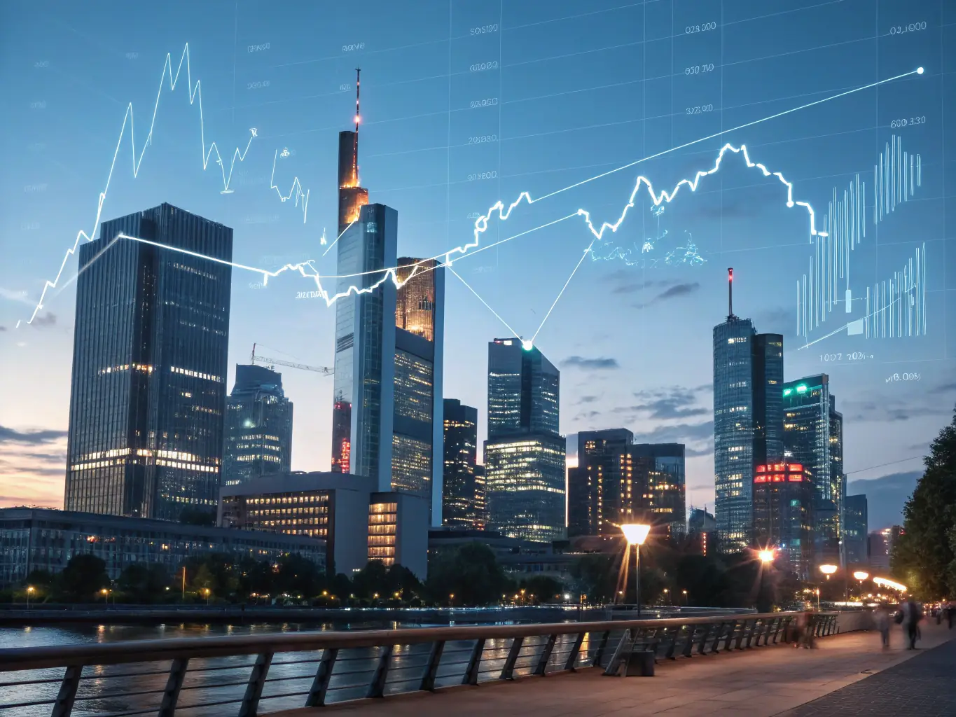 An image of a modern cityscape with overlaying financial graphs and real estate icons, representing Rojasor Enterprises Ltd.'s real estate deal advisory services.