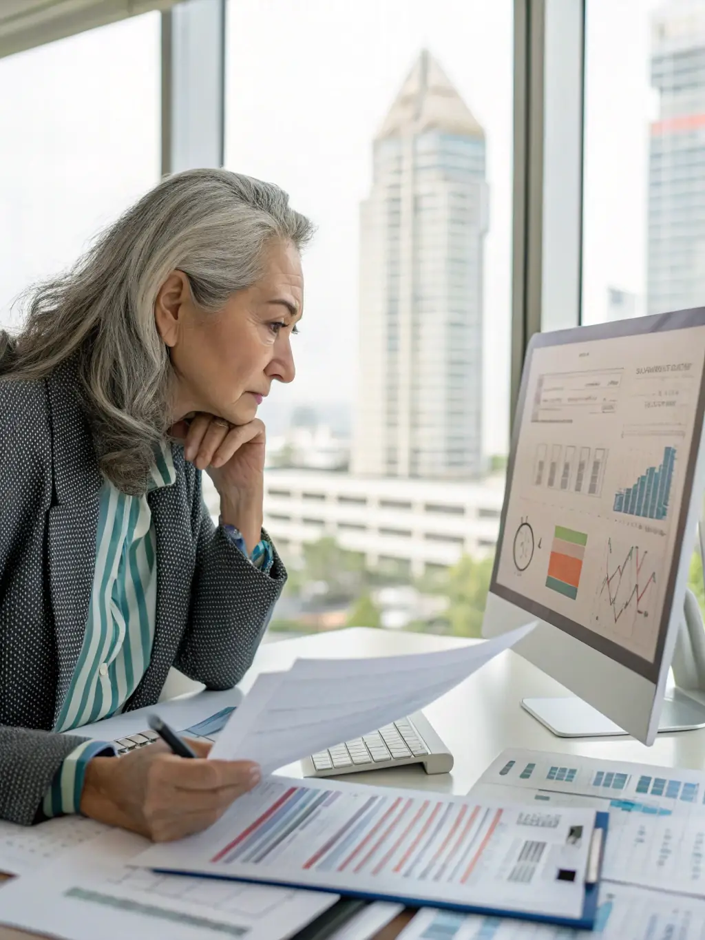 An image of a professional accountant working on financial documents with a Cyprus cityscape in the background, representing Rojasor Enterprises' corporate services and bookkeeping support.