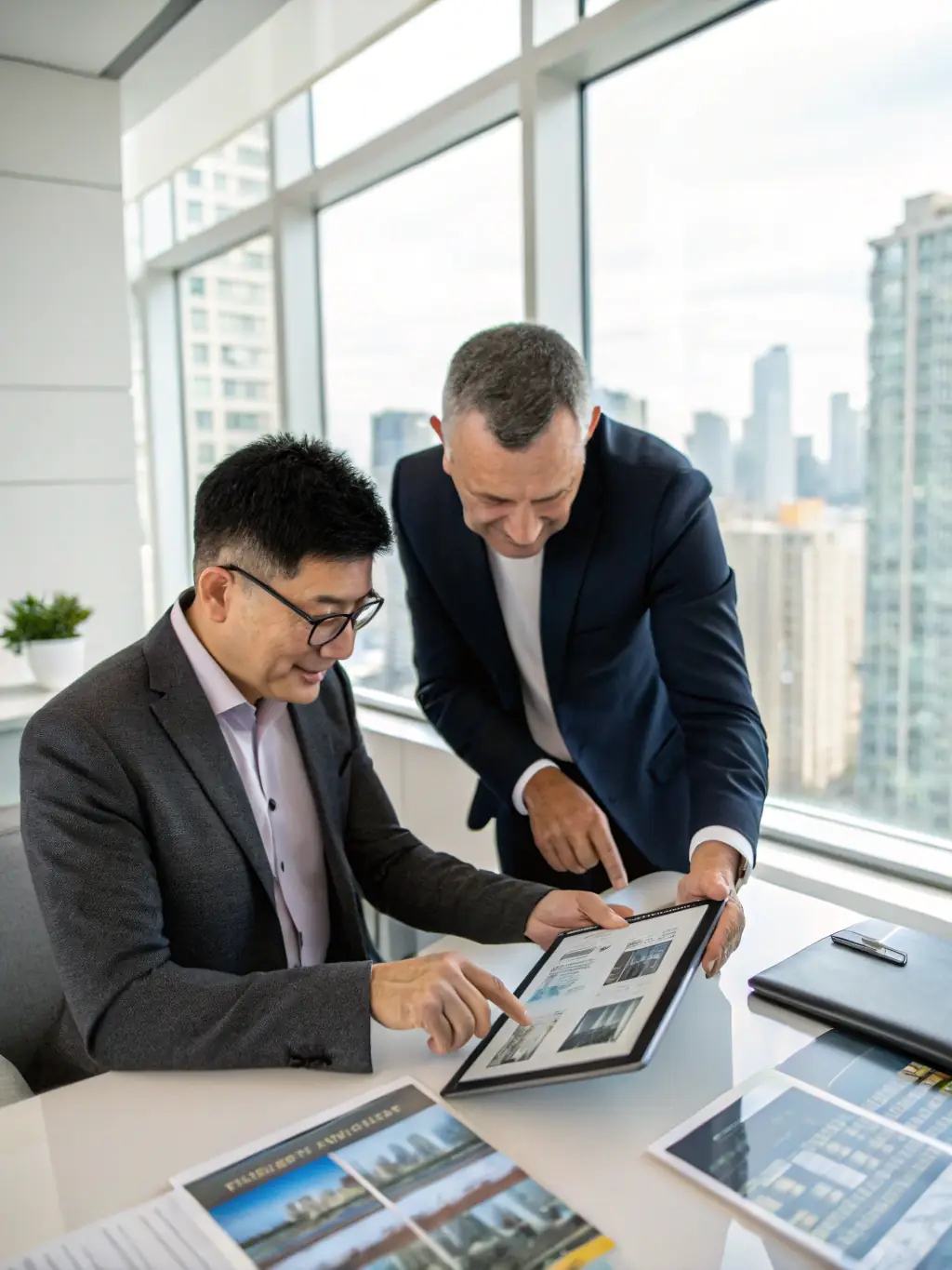A professional consultant discussing property plans with clients over a Cyprus property map, illustrating Rojasor Enterprises' real estate advisory services.