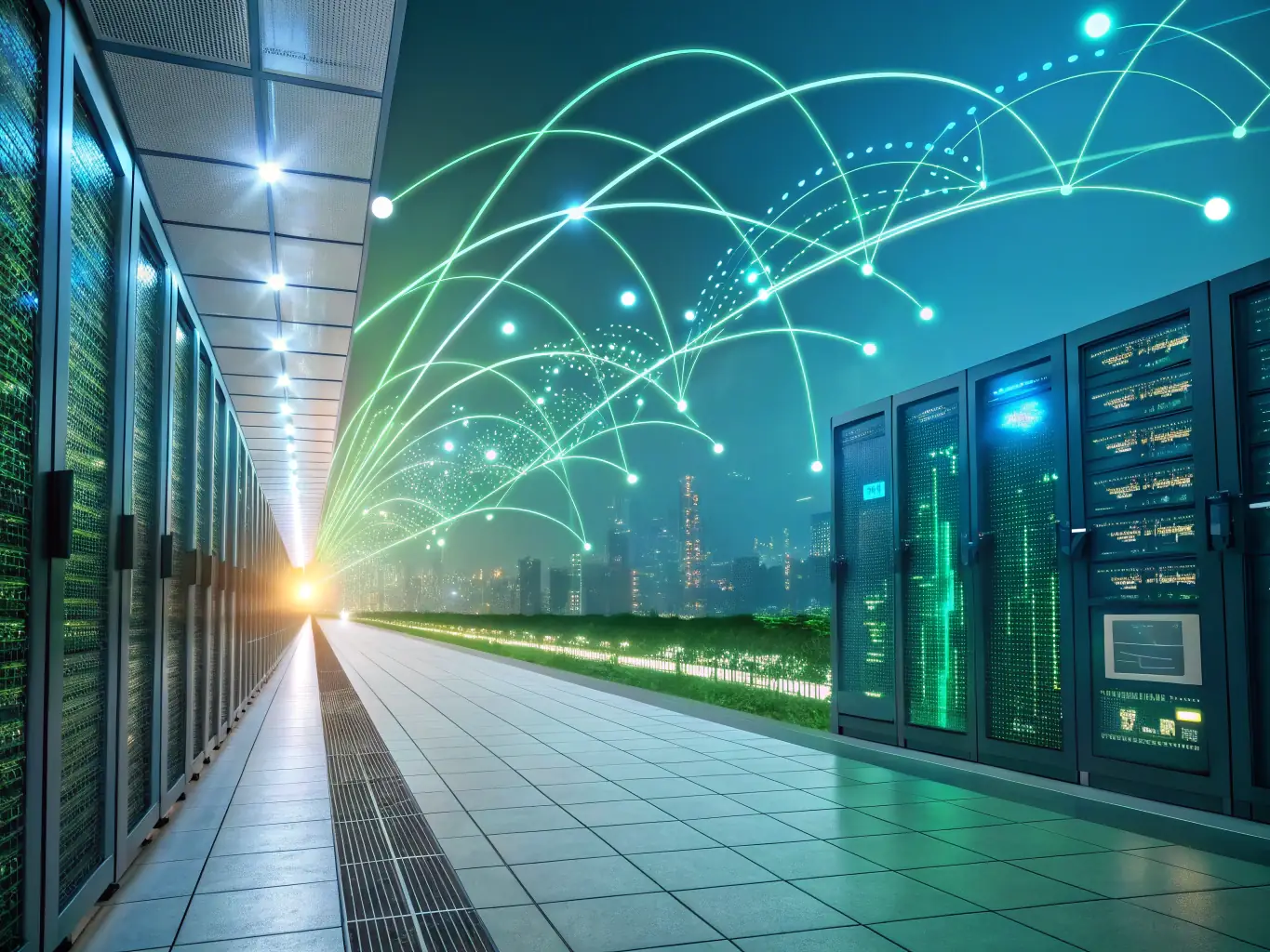 A futuristic image of interconnected nodes representing an AI network, symbolizing the seamless integration of AI automation solutions into business processes, enhancing efficiency and innovation.