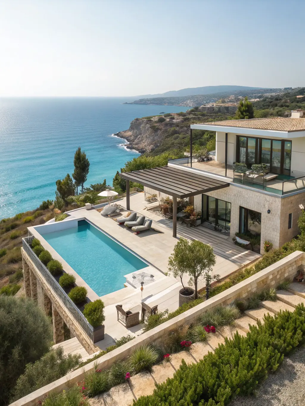 A modern architectural rendering of a luxury villa in Paphos, Cyprus, showcasing clean lines, a private pool, and Mediterranean landscaping, representing high-end asset development.